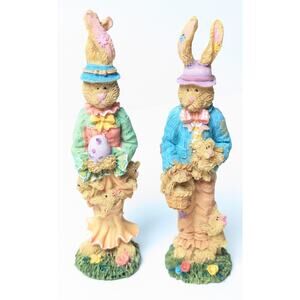 Vtg Country Bumpkin Easter Rabbits 5" Pair Pastel Resin Bunny Couple Cottagecore